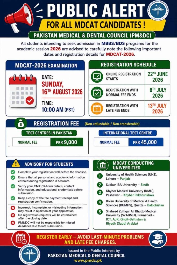 MDCAT 2026 Registration Schedule