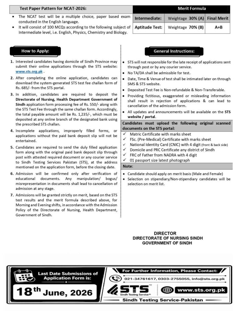 Sindh Government Nursing Admission 2026-29
